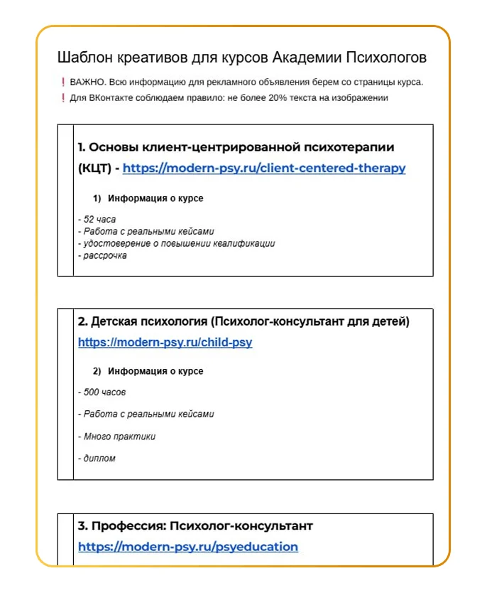Единый шаблон для всех курсов Академии: название, часы, практика, документ, рассрочка. Такая структура позволила стандартизировать создание объявлений и сократить время на запуск с нескольких часов до 20?40 минут