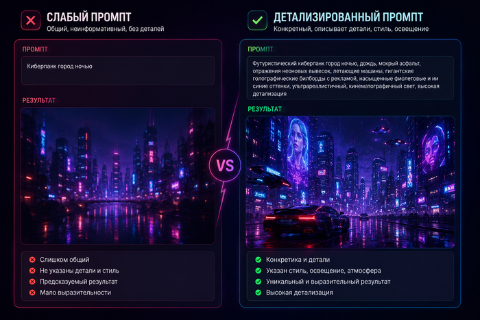 Написать промт по фотографии с указанием стиля и света - результат меняется кардинально