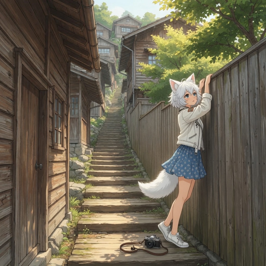 There's always something interesting behind the high fence... - Series Ginger and Winter, My, Neural Network Content, Neural network art, Anime art, Art, Anime, Original character, Girls, Kitsune, Animal ears, Tail, Fence, Curiosity, Ginger & White, Longpost