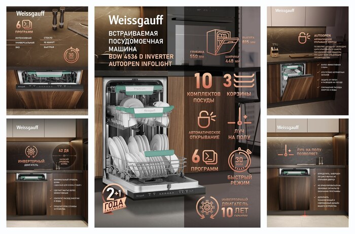 Встраиваемая посудомоечная машина с лучем на полу и инвертором Weissgauff BDW 4536 D Inverter AutoOpen Infolight