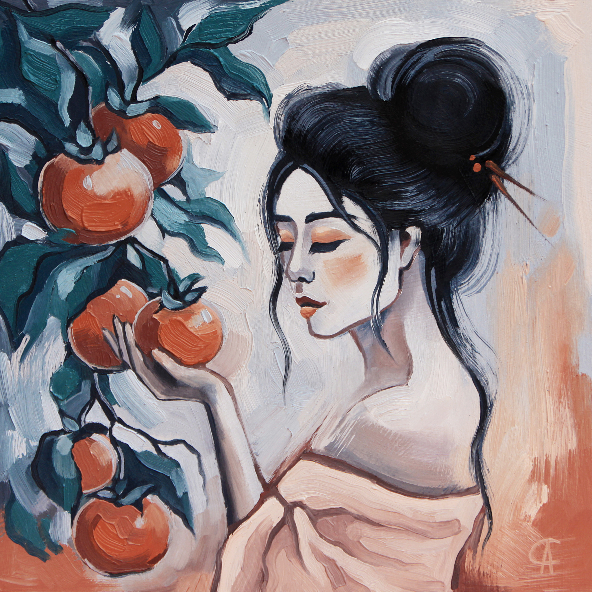 Oil painting Maturity and Silence - My, Art, Painting, Oil painting, Asian, Asians, Girls, Persimmon, Meditation, Painting, Art, Creation, With your own hands, Needlework, beauty, Calmness, Decor, Portrait, Longpost