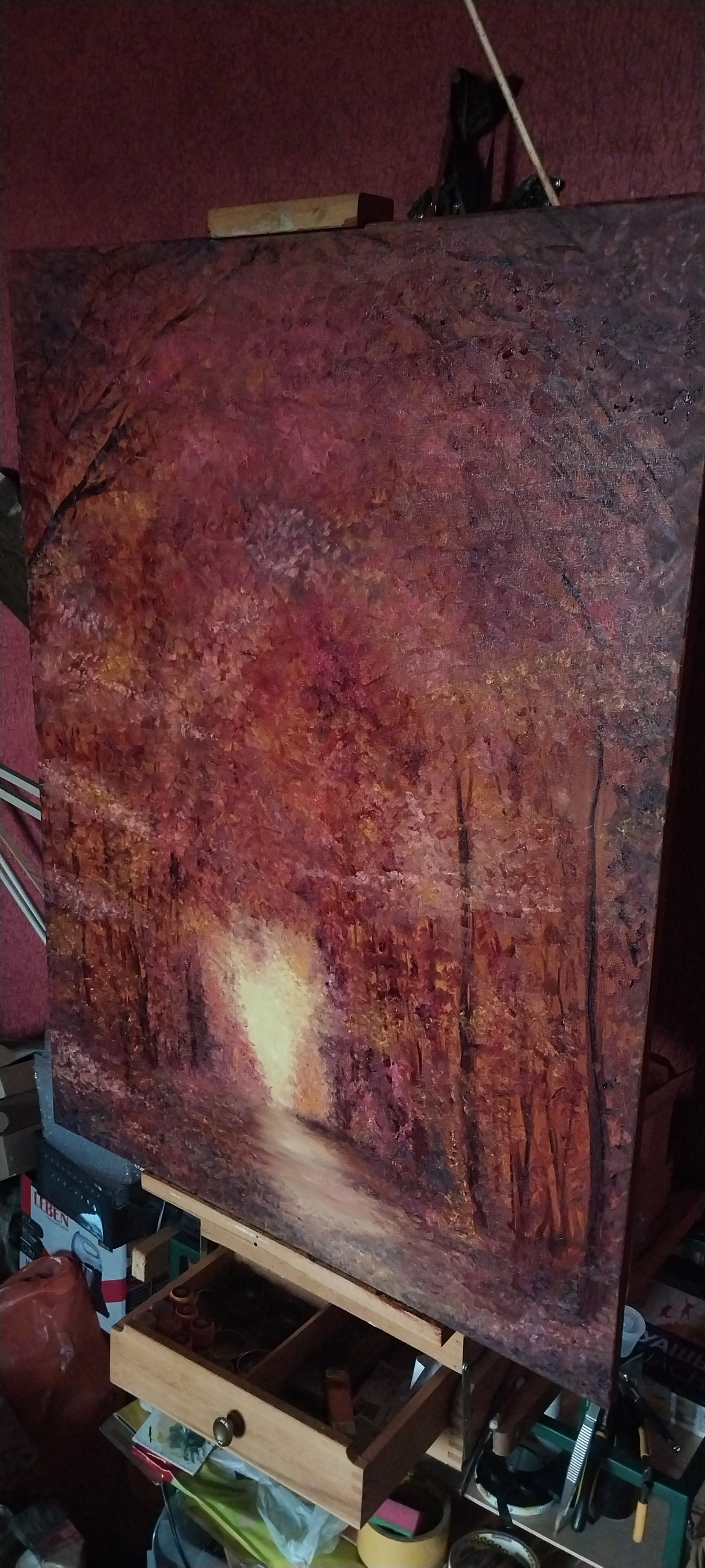 Firebloom - My, Painting, Author's painting, Oil painting, Canvas, Painting, Autumn, Forest, Landscape, Longpost