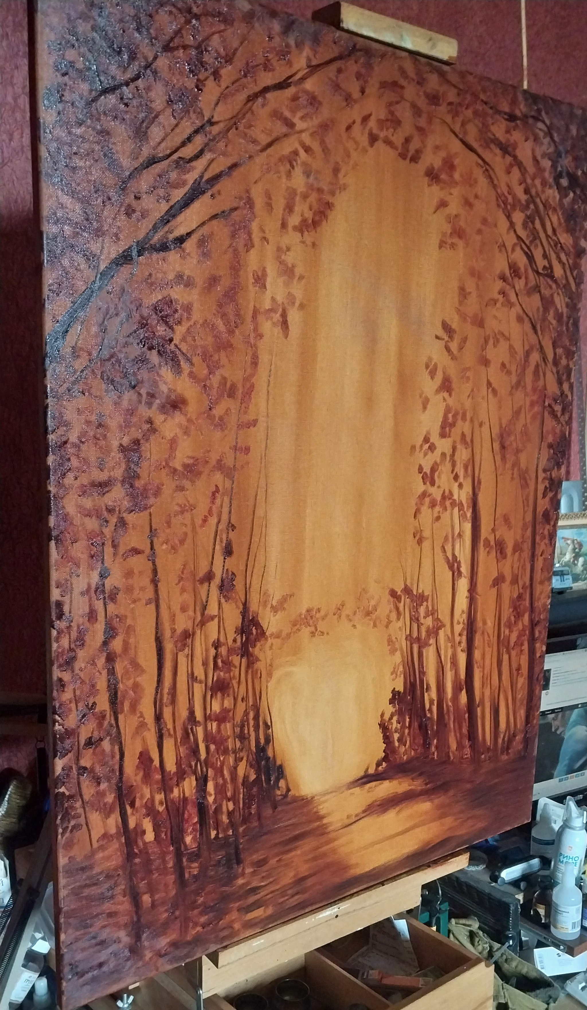 Firebloom - My, Painting, Author's painting, Oil painting, Canvas, Painting, Autumn, Forest, Landscape, Longpost