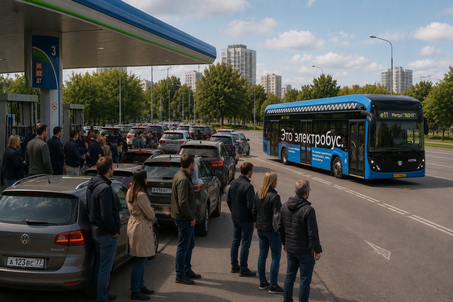 Now the meaning of the inscription is clear: This is an electric bus. - Neural Network Content, Petrol, Electric bus, Gas station, Bus, Motorists, Public transport, Transport