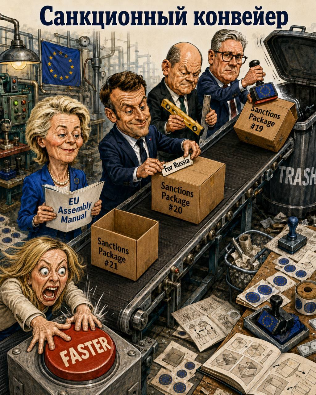 Europe has discovered a perpetual motion machine: powered by sanctions, emergency meetings, and endless promises. - Neural Network Content, Artificial Intelligence, Neural network art, Politics, European Union, Sanctions, news, Longpost