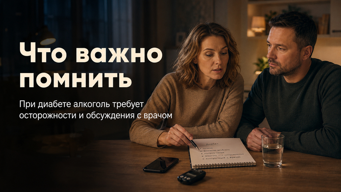 Людям с диабетом важно учитывать тип заболевания, лечение и риск ночного падения сахара. Употребление алкоголя необходимо заранее обсуждать с лечащим врачом.