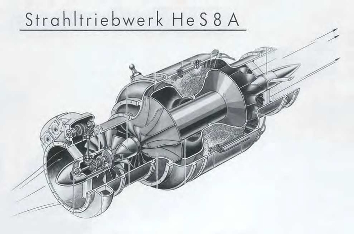 Схема турбореактивного двигателя He S8A производства фирмы «Хейнкель».