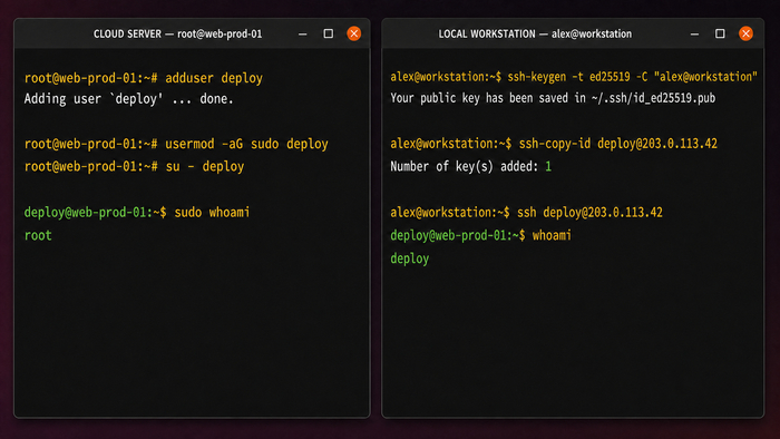 Два терминала: создание пользователя deploy и проверка sudo на Ubuntu-сервере, генерация и копирование SSH-ключа с локального компьютера.