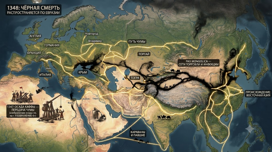 The Black Death of 1348: How the Silk Road became a conveyor belt of death and destroyed half the world - Series The world in the moment, Neural Network Content, Planet Earth, Antiquity, Geography, Death, Pandemic, Myths, Longpost, Negative