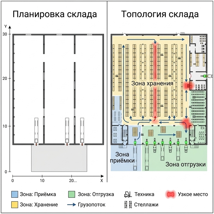 Топология склада \ планировка: как одна схема ломает всю логистику