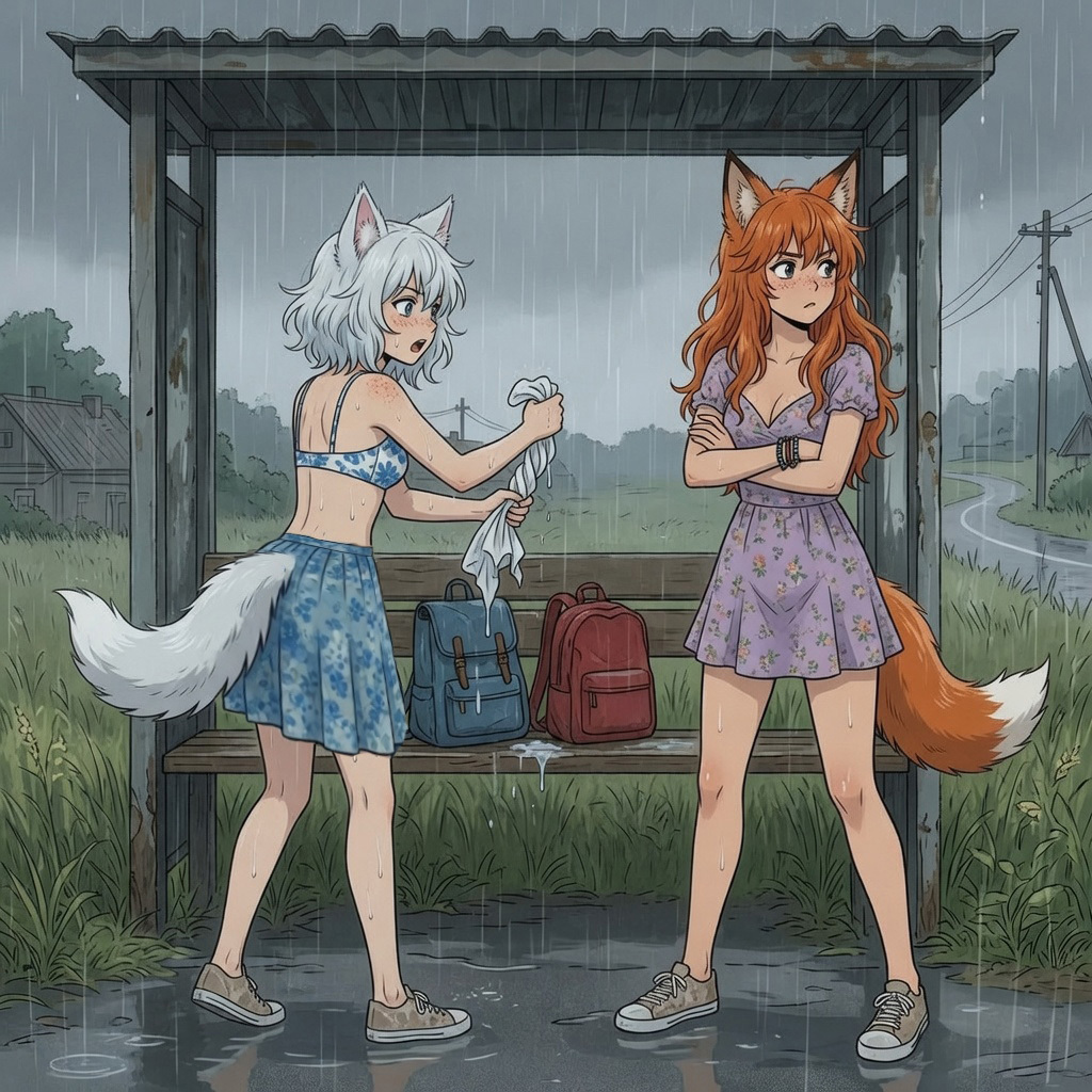 Shower! - Series Ginger and Winter, My, Neural Network Content, Neural network art, Anime art, Art, Anime, Original character, Girls, Kitsune, Animal ears, Tail, Redheads, Freckles, Rain, Shower, Swimsuit, Pantsu, Summer, Ginger & White, Longpost