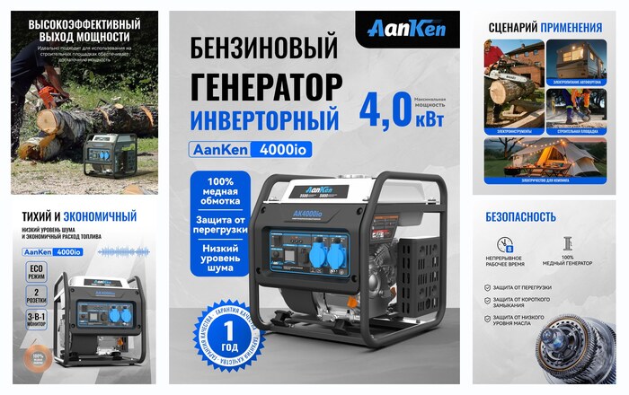 Генератор бензиновый инверторный 4 кВт AanKen AK4000io, 220В, тихий переносной электрогенератор для дома, дачи, кемпинга и рыбалки