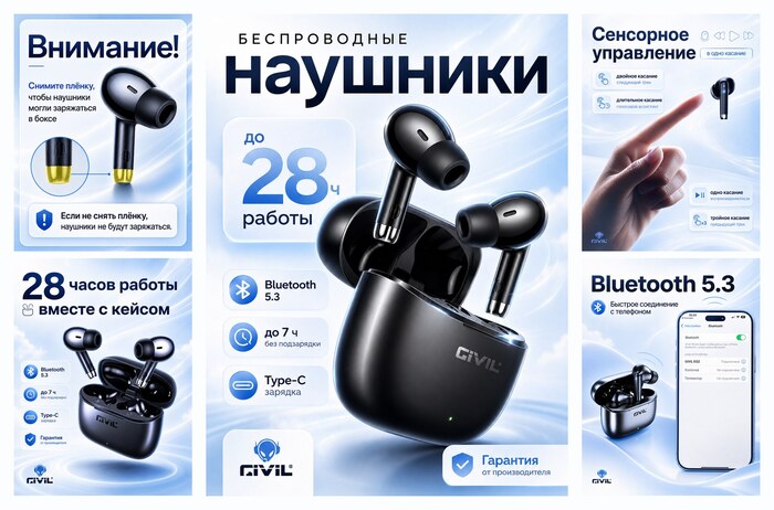 Беспроводные наушники GIVIL EQ2 Bluetooth 5.3, TWS наушники с микрофоном, Type-C, до 28 ч, спортивные игровые, черные