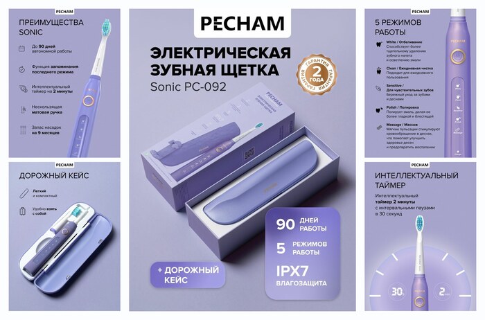 Электрическая зубная щетка PECHAM Sonic PC-092 фиолетовая, для взрослых с 3 сменными насадками и кейсом, режим отбеливания для чувствительных зубов и десен