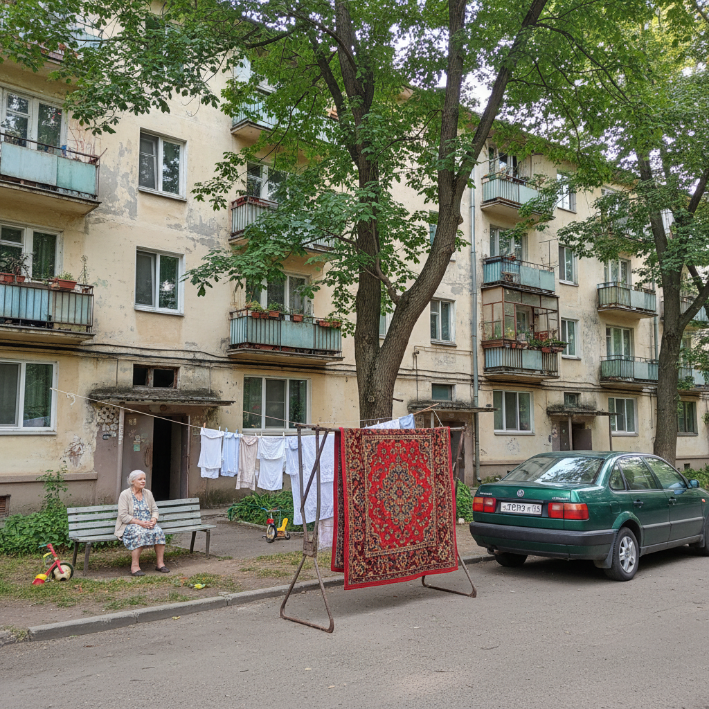 Six neural networks were asked to draw a yard with a foreign car based on a description—four of them came up with a Zhiguli. - My, Neural Networks, Generating Images, Flux, Artificial Intelligence, Experiment, Courtyard, Five-story building, Longpost