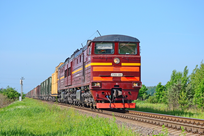 Тепловоз 2ТЭ10У-0184 "LDZ" Латвийские железные дороги с грузовым поездом перегон Белкино - Пыталово Псковской области. Дата: 06.06.2014
