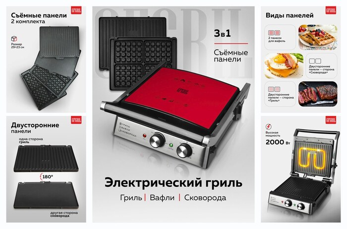 Гриль электрический GFGRIL GF-185 с 3 видами съемных панелей