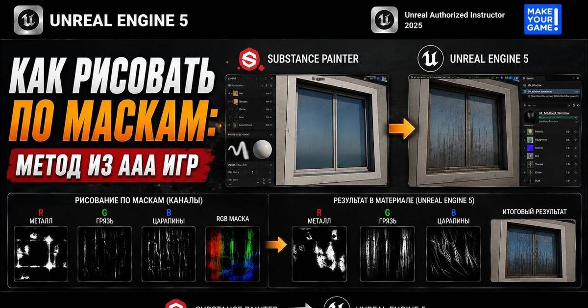 How to paint textures using masks in Unreal Engine 5 and Substance Painter - My, Games, Unreal Engine, Инди, Gamedev, Youtube, Video