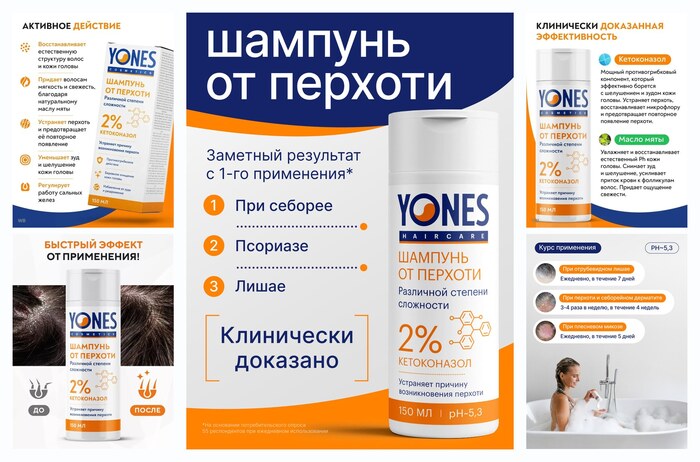 Шампунь YONES с кетоконазолом 2% от перхоти, для всех типов волос, 150мл
