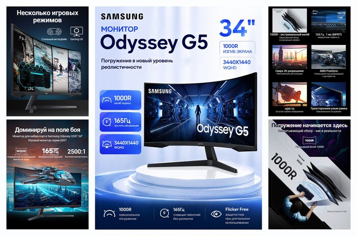 Монитор для компьютера Samsung Odyssey G5 LC34G55TWWCXXF 34 VA 3440x1440 Ultra WQHD 165 Гц 1000R curved Изогнутый черный