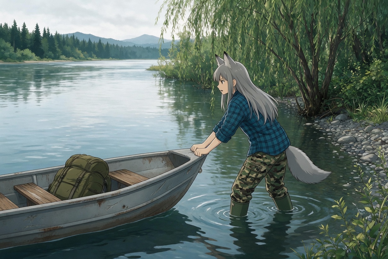 Helga and the Big Water - Anime art, Longpost, My, Art, Anime, Girls, Autumn, Hike, Animal ears, Tail, Kitsune, The mountains, Flood, Original character, Neural network art, River, Ginger & White, Neural Network Content, Series Ginger and Winter