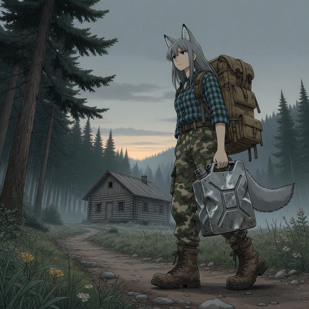 Helga and the Big Water - Anime art, Longpost, My, Art, Anime, Girls, Autumn, Hike, Animal ears, Tail, Kitsune, The mountains, Flood, Original character, Neural network art, River, Ginger & White, Neural Network Content, Series Ginger and Winter