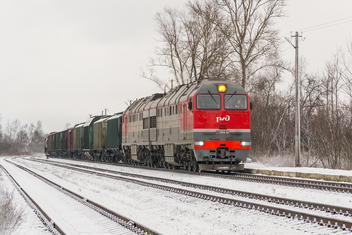 Тепловоз 2ТЭ116УД-010 с грузовым поездом станция Брянчаниново Псковская область.