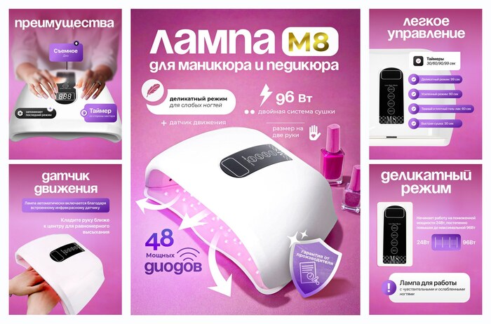 Лампа для маникюра и педикюра М8 96W, для сушки ногтей, профессиональная