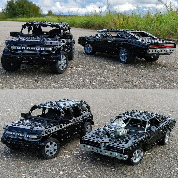 Ford Bronco, Dodge Charger из металлического конструктора, проволоки, резины и картона. Диски 3D печать