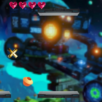 Астронавт бежит по футуристическому ландшафту, меняет гравитацию, чтобы избегать астероидов и собирать звезды, и восстанавливает жизнь с помощью золотого плюса. Он может превращаться в человечка-печеньку и ловить кексы на фоне пряничного городка.