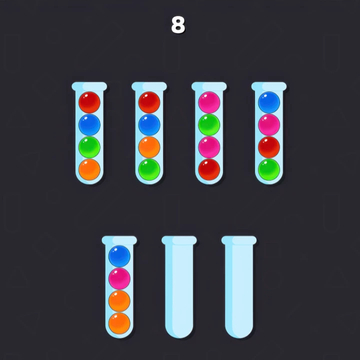 Перемещайте шарики по пробиркам, чтобы отсортировать шарики одного цвета в одну пробирку. 