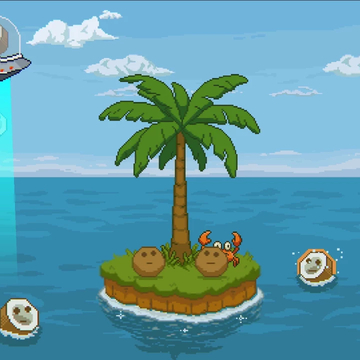 Весёлая 2D пиксель-игра: кокосы падают, колются, тонут или утаскиваются осьминогом. Тарелка похищает половинки, краб колет их, а утка всё взрывает. Собирай, выживай и смейся в этом тропическом безумии!