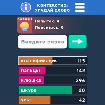Хотите провести время с пользой для ума? Тогда приглашаем вас присоединиться к лучшей головоломке «Угадай слово». Цель онлайн-игры — угадать секретное слово, которое занимает первое место в списке. Прокачайте свой мозг бесплатно и без регистрации! 