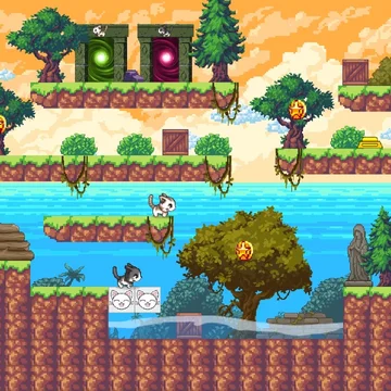 Логическая игра для детей о двух милых кошках, где головоломки основаны на взаимодействии персонажей и помощи друг другу.