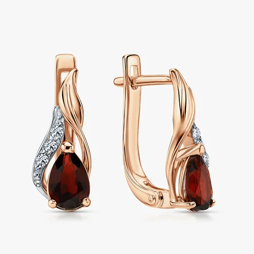 Золотые серьги с бриллиантами и гранатами